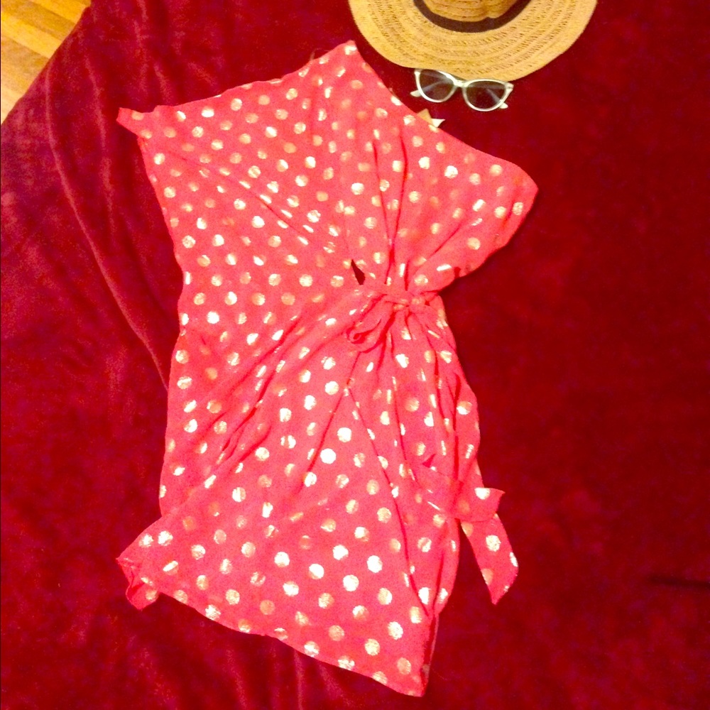 Hot Pink Coral + Gold Polka Dot One Shoulder Batwing Mini Dress